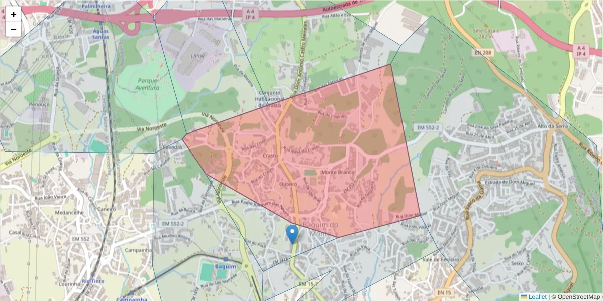 Mapa detalhado do código postal 4435-666 com limites, códigos postais vizinhos e agências dos correios