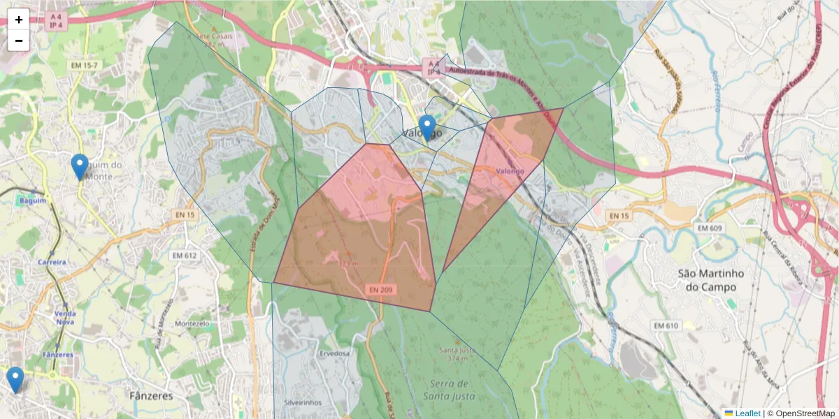 Mapa detalhado do código postal 4440-452 com limites, códigos postais vizinhos e agências dos correios