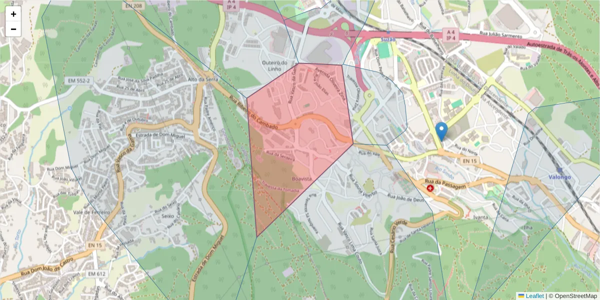 Mapa detalhado do código postal 4440-544 com limites, códigos postais vizinhos e agências dos correios