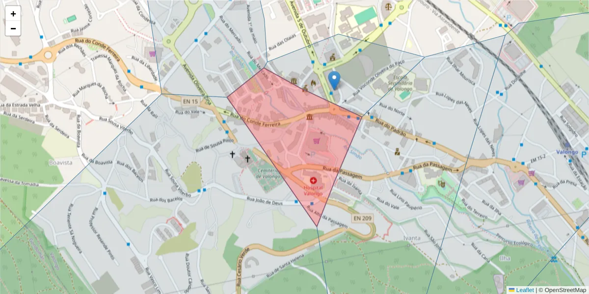 Mapa detalhado do código postal 4440-597 com limites, códigos postais vizinhos e agências dos correios