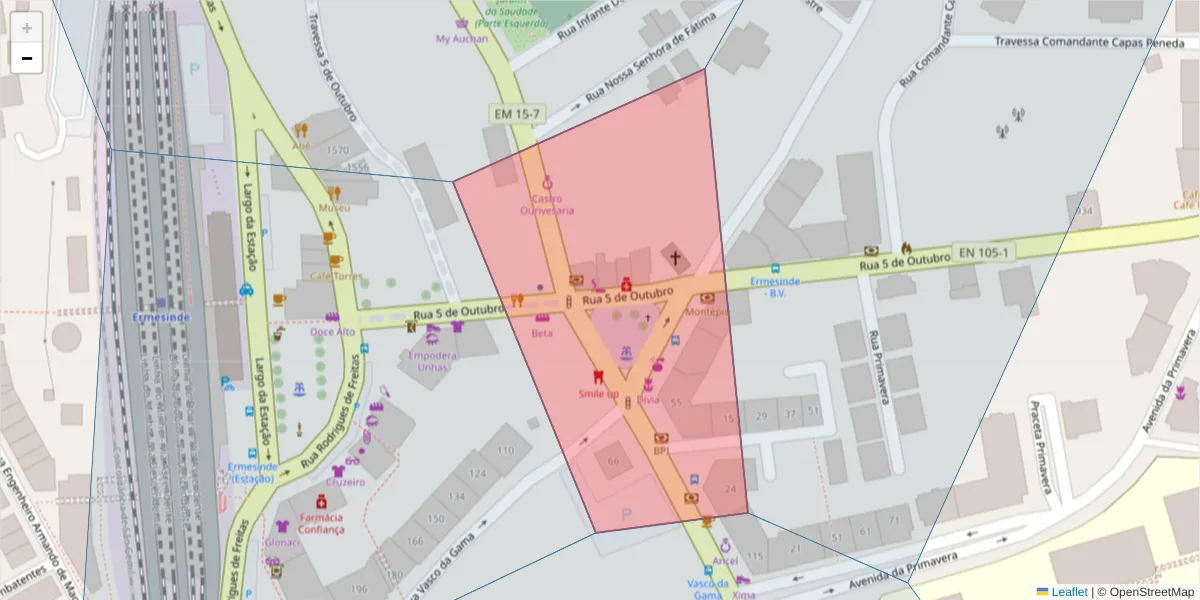 Mapa detalhado do código postal 4445-002 com limites, códigos postais vizinhos e agências dos correios