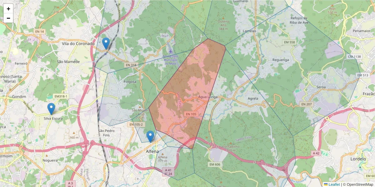 Mapa detalhado do código postal 4445-070 com limites, códigos postais vizinhos e agências dos correios