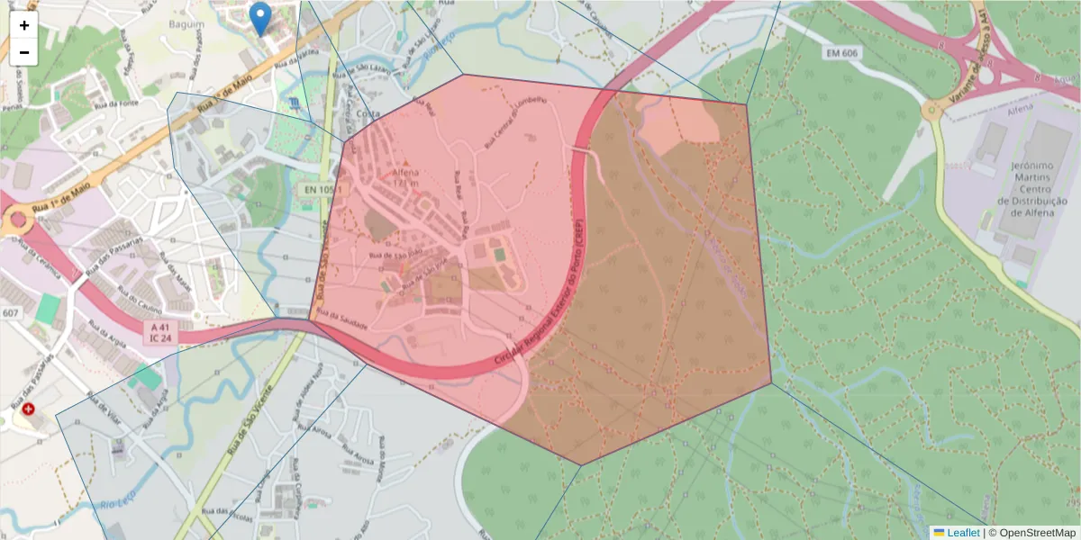 Mapa detalhado do código postal 4445-073 com limites, códigos postais vizinhos e agências dos correios
