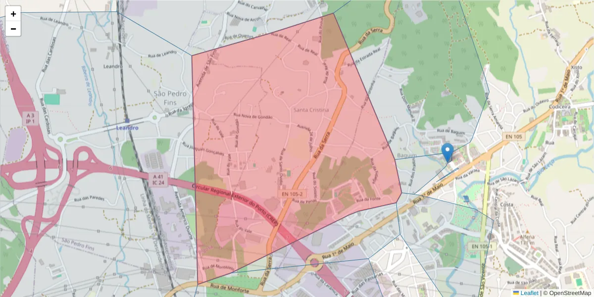 Mapa detalhado do código postal 4445-225 com limites, códigos postais vizinhos e agências dos correios
