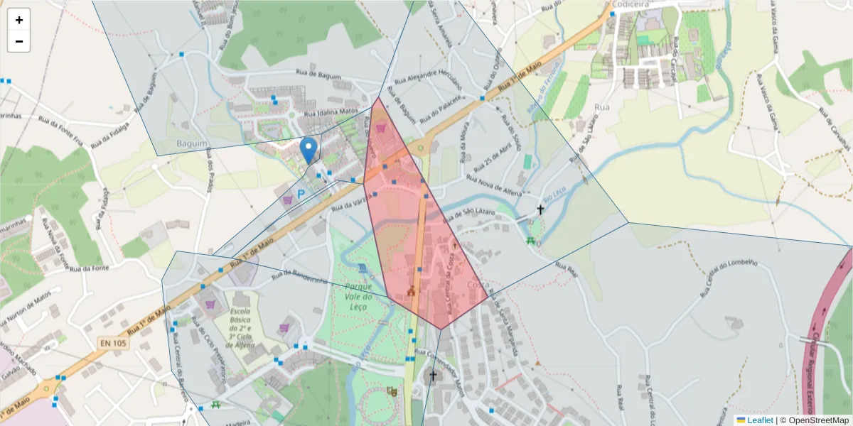 Mapa detalhado do código postal 4445-227 com limites, códigos postais vizinhos e agências dos correios