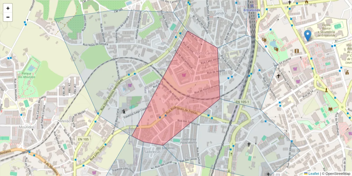Mapa detalhado do código postal 4445-308 com limites, códigos postais vizinhos e agências dos correios