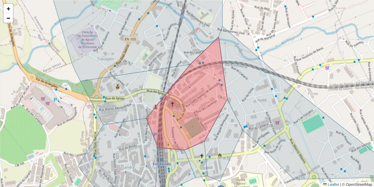 Mapa detalhado do código postal 4445-397 com limites, códigos postais vizinhos e agências dos correios