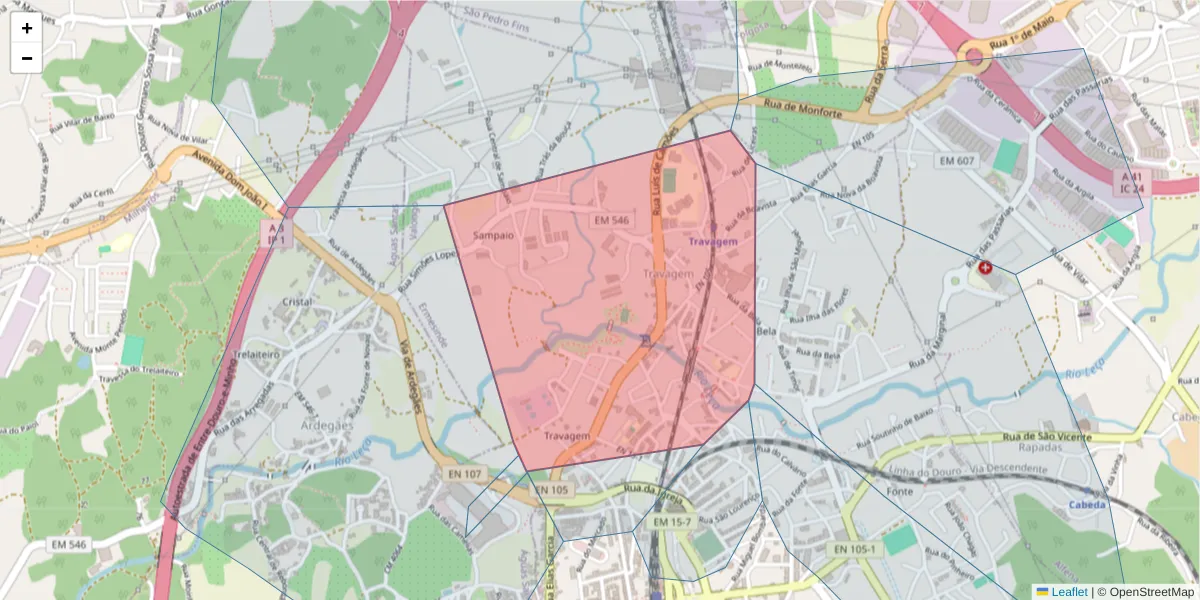 Mapa detalhado do código postal 4445-413 com limites, códigos postais vizinhos e agências dos correios