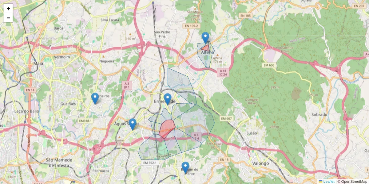 Mapa detalhado do código postal 4445-416 com limites, códigos postais vizinhos e agências dos correios