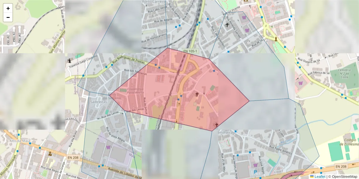 Mapa detalhado do código postal 4445-474 com limites, códigos postais vizinhos e agências dos correios
