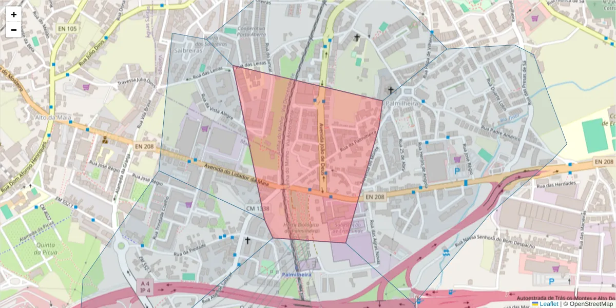 Mapa detalhado do código postal 4445-482 com limites, códigos postais vizinhos e agências dos correios