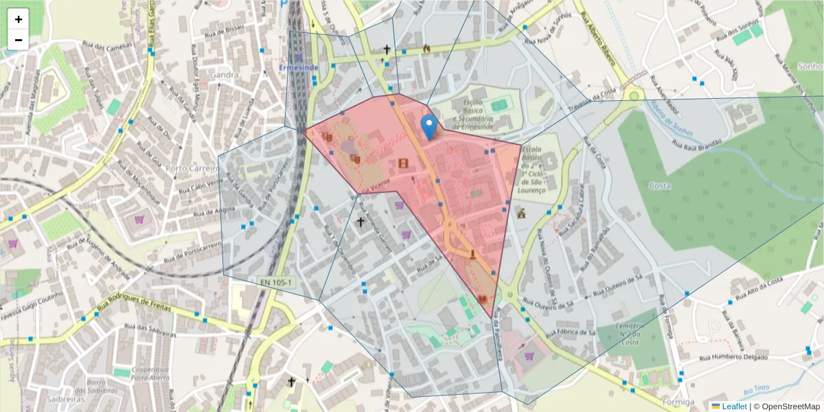 Mapa detalhado do código postal 4445-485 com limites, códigos postais vizinhos e agências dos correios