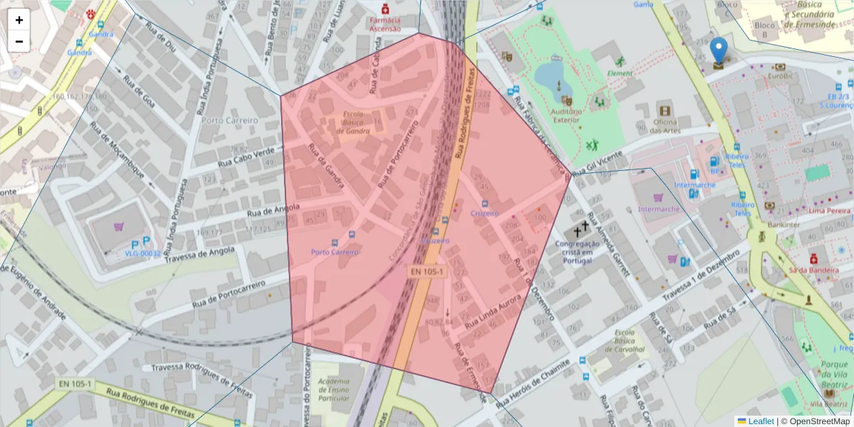Mapa detalhado do código postal 4445-635 com limites, códigos postais vizinhos e agências dos correios