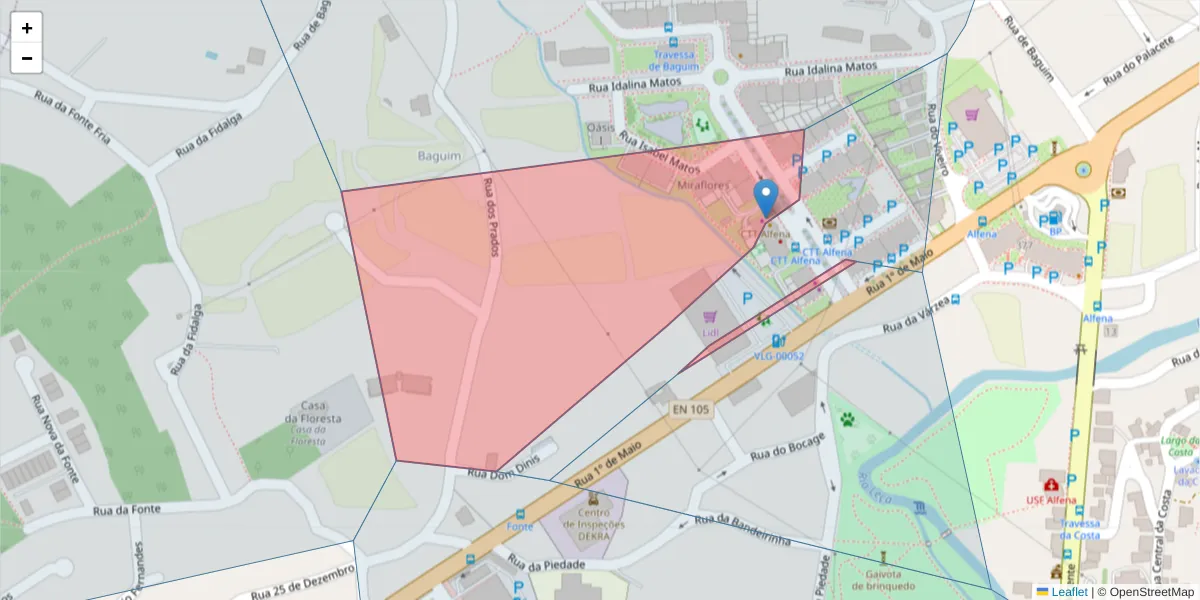 Mapa detalhado do código postal 4445-998 com limites, códigos postais vizinhos e agências dos correios