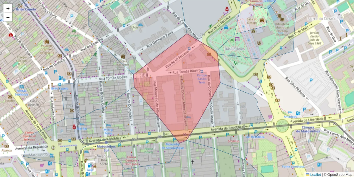 Mapa detalhado do código postal 4450-005 com limites, códigos postais vizinhos e agências dos correios