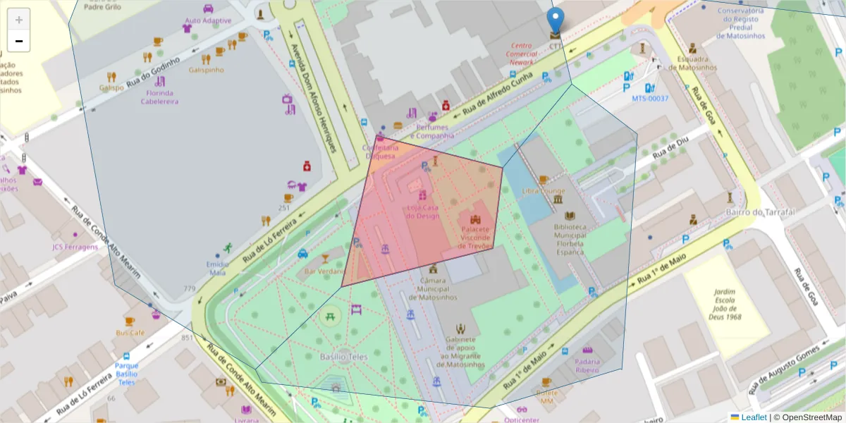 Mapa detalhado do código postal 4450-009 com limites, códigos postais vizinhos e agências dos correios