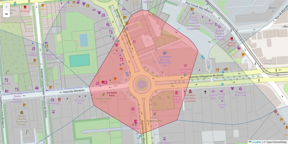 Mapa detalhado do código postal 4450-016 com limites, códigos postais vizinhos e agências dos correios