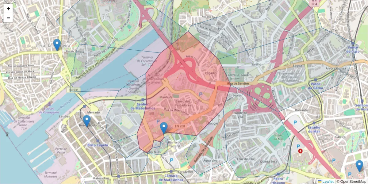 Mapa detalhado do código postal 4450-023 com limites, códigos postais vizinhos e agências dos correios
