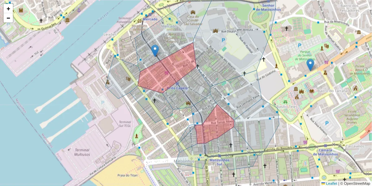 Mapa detalhado do código postal 4450-068 com limites, códigos postais vizinhos e agências dos correios