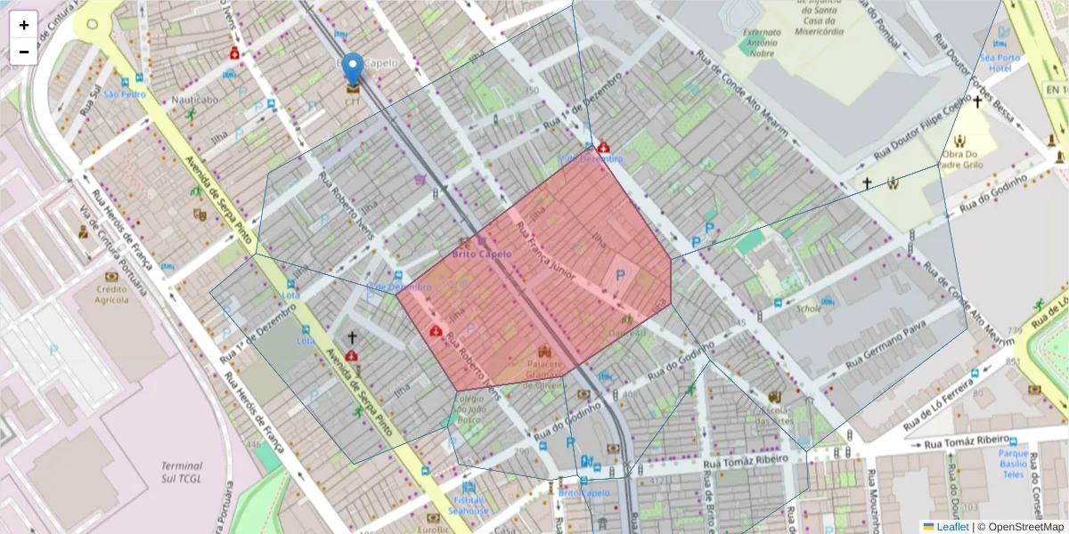 Mapa detalhado do código postal 4450-073 com limites, códigos postais vizinhos e agências dos correios