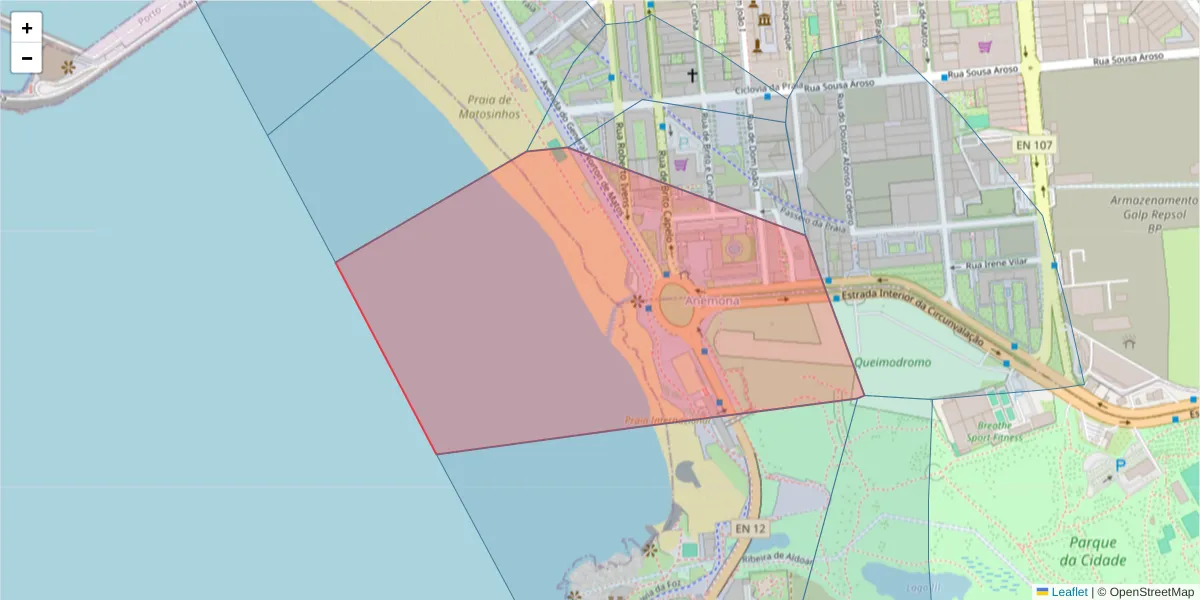 Mapa detalhado do código postal 4450-096 com limites, códigos postais vizinhos e agências dos correios