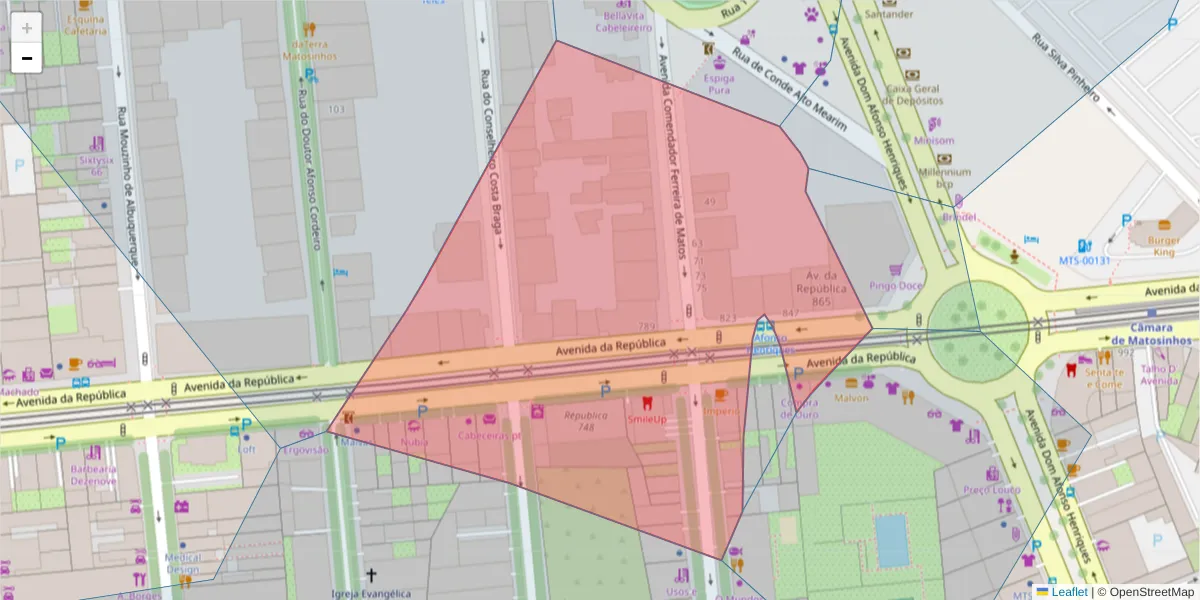 Mapa detalhado do código postal 4450-122 com limites, códigos postais vizinhos e agências dos correios