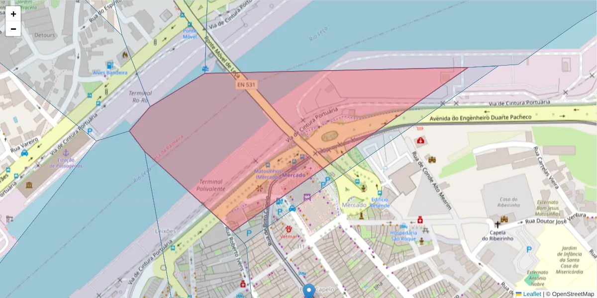 Mapa detalhado do código postal 4450-131 com limites, códigos postais vizinhos e agências dos correios