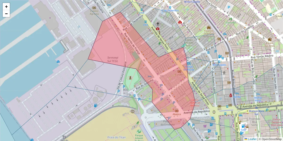Mapa detalhado do código postal 4450-159 com limites, códigos postais vizinhos e agências dos correios