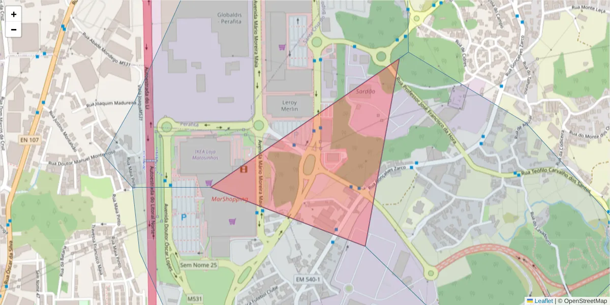 Mapa detalhado do código postal 4450-165 com limites, códigos postais vizinhos e agências dos correios