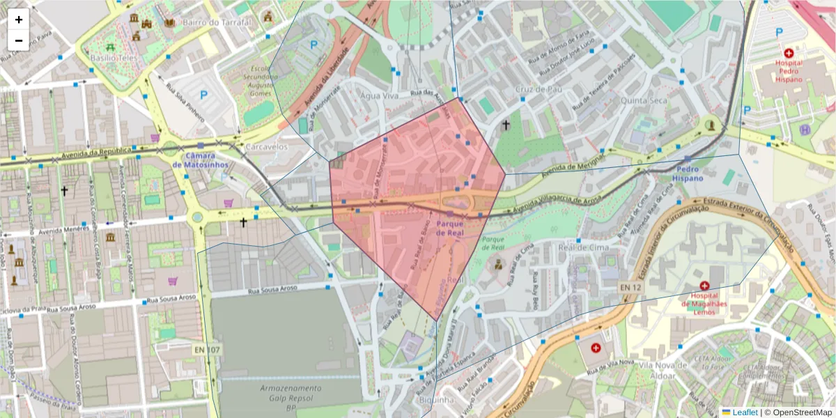 Mapa detalhado do código postal 4450-194 com limites, códigos postais vizinhos e agências dos correios