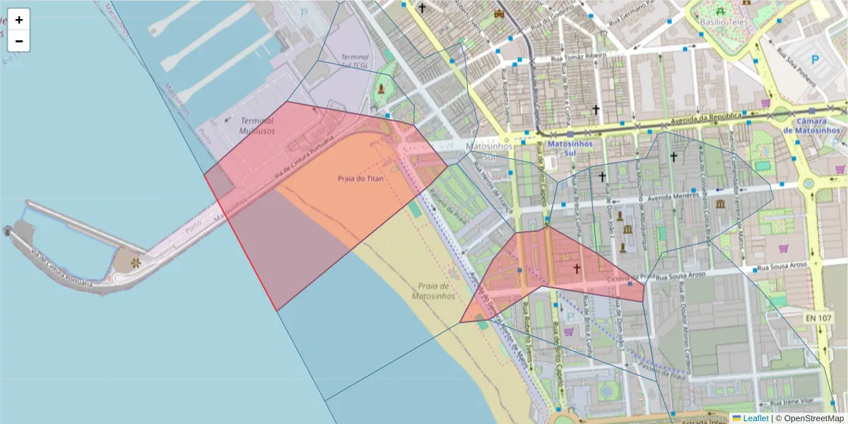 Mapa detalhado do código postal 4450-208 com limites, códigos postais vizinhos e agências dos correios