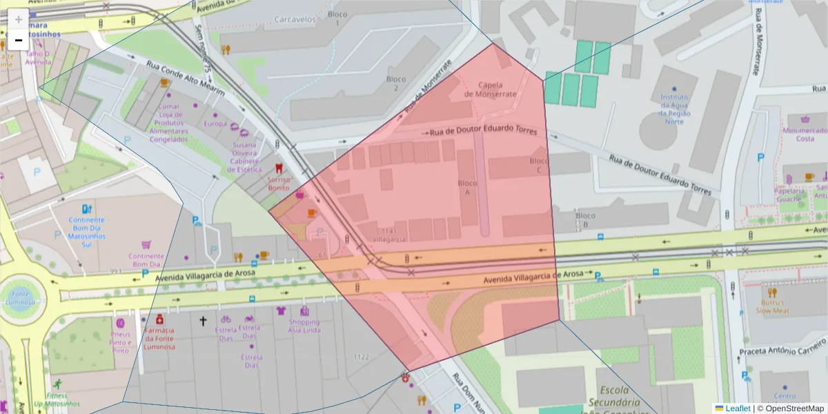 Mapa detalhado do código postal 4450-212 com limites, códigos postais vizinhos e agências dos correios