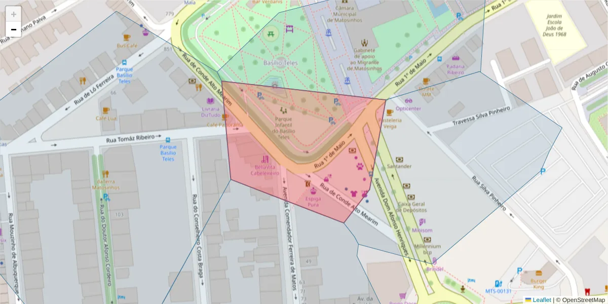 Mapa detalhado do código postal 4450-229 com limites, códigos postais vizinhos e agências dos correios