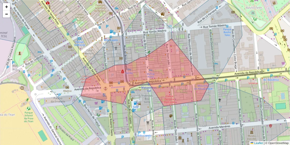 Mapa detalhado do código postal 4450-242 com limites, códigos postais vizinhos e agências dos correios