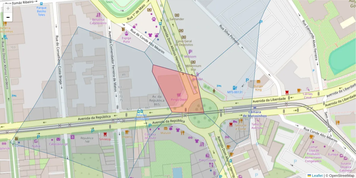 Mapa detalhado do código postal 4450-243 com limites, códigos postais vizinhos e agências dos correios