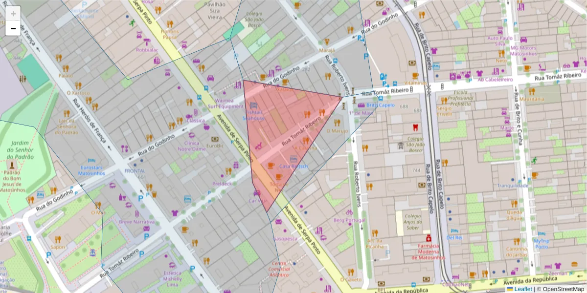 Mapa detalhado do código postal 4450-247 com limites, códigos postais vizinhos e agências dos correios
