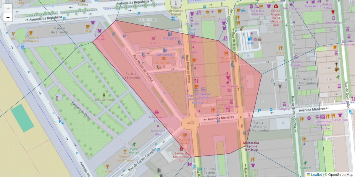 Mapa detalhado do código postal 4450-256 com limites, códigos postais vizinhos e agências dos correios