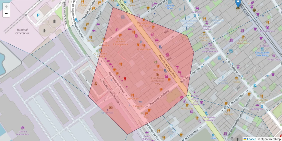 Mapa detalhado do código postal 4450-265 com limites, códigos postais vizinhos e agências dos correios