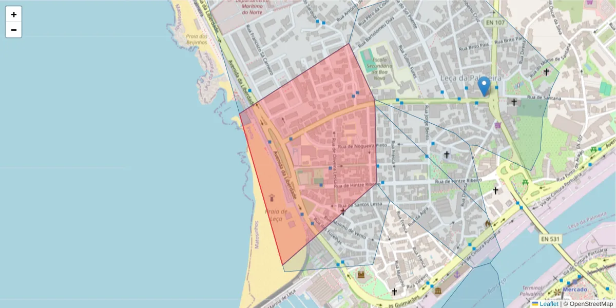 Mapa detalhado do código postal 4450-609 com limites, códigos postais vizinhos e agências dos correios