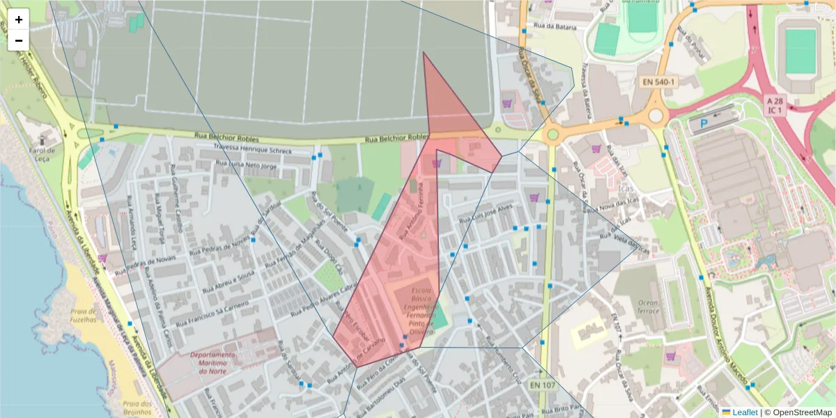Mapa detalhado do código postal 4450-617 com limites, códigos postais vizinhos e agências dos correios