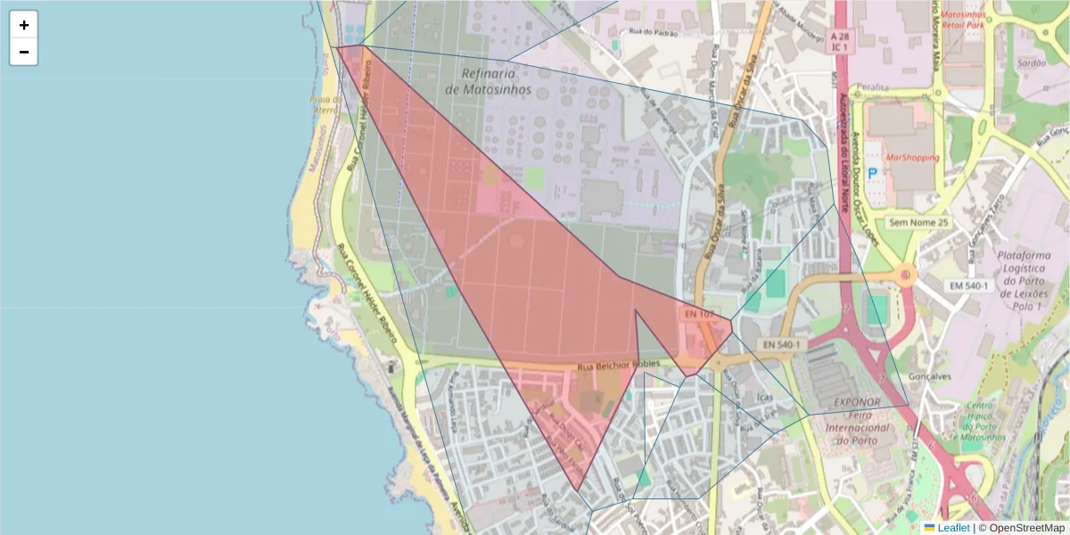 Mapa detalhado do código postal 4450-626 com limites, códigos postais vizinhos e agências dos correios