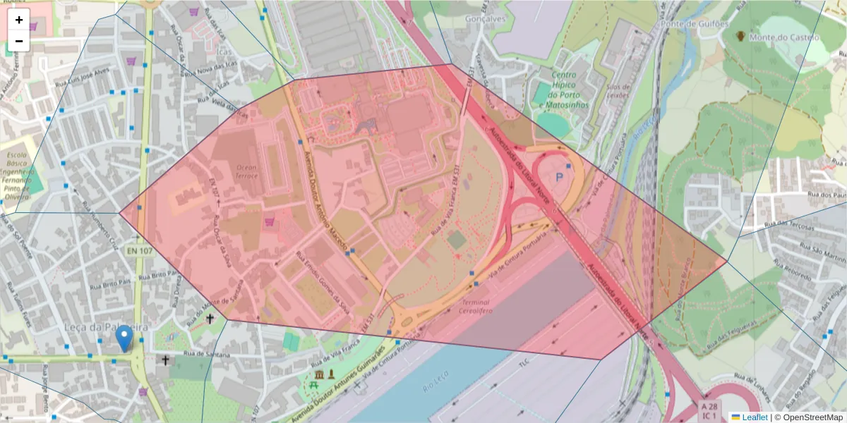 Mapa detalhado do código postal 4450-630 com limites, códigos postais vizinhos e agências dos correios
