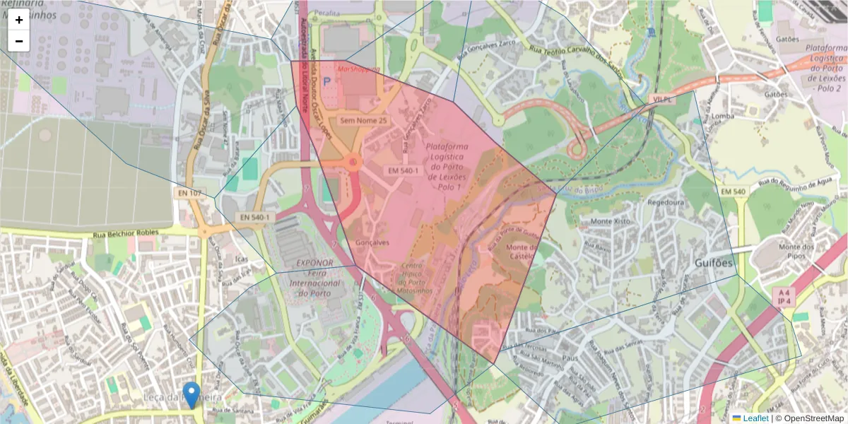 Mapa detalhado do código postal 4450-685 com limites, códigos postais vizinhos e agências dos correios