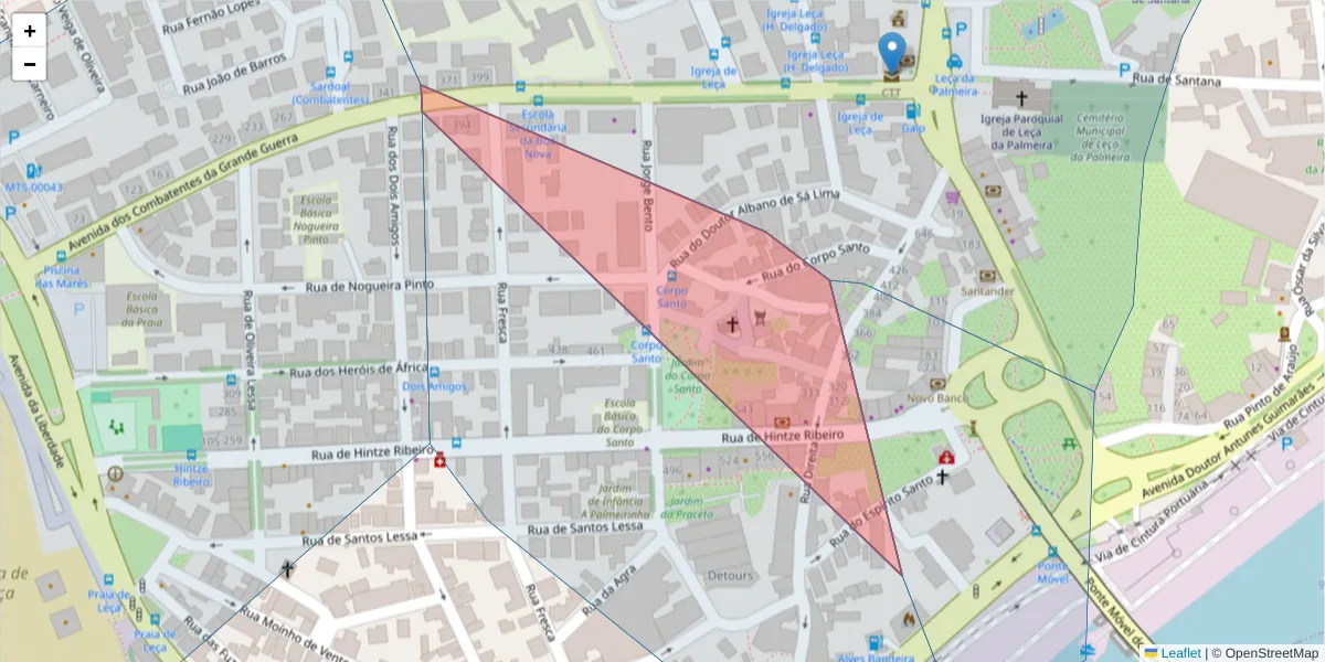 Mapa detalhado do código postal 4450-692 com limites, códigos postais vizinhos e agências dos correios