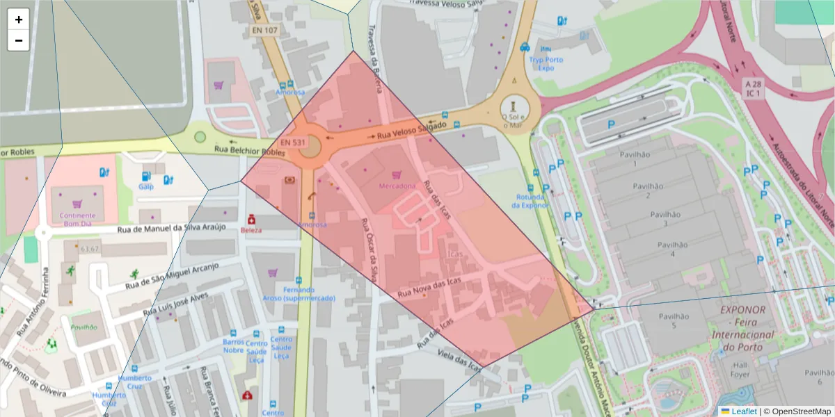 Mapa detalhado do código postal 4450-759 com limites, códigos postais vizinhos e agências dos correios