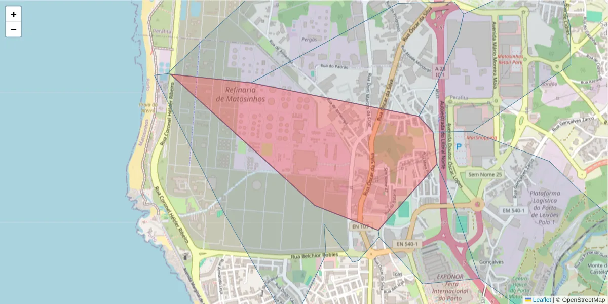 Mapa detalhado do código postal 4450-800 com limites, códigos postais vizinhos e agências dos correios