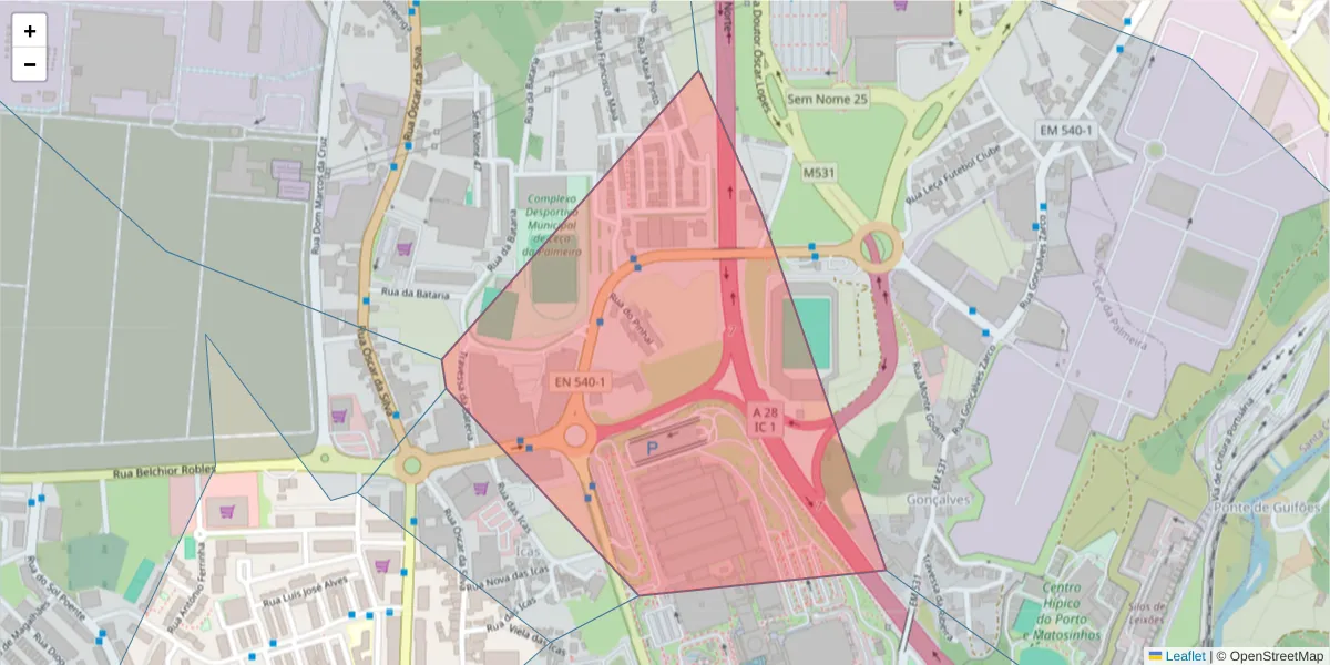 Mapa detalhado do código postal 4450-801 com limites, códigos postais vizinhos e agências dos correios