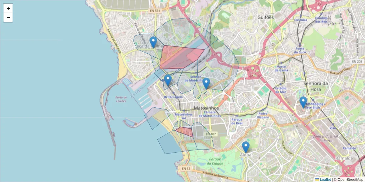 Mapa detalhado do código postal 4450 com limites, códigos postais vizinhos e agências dos correios