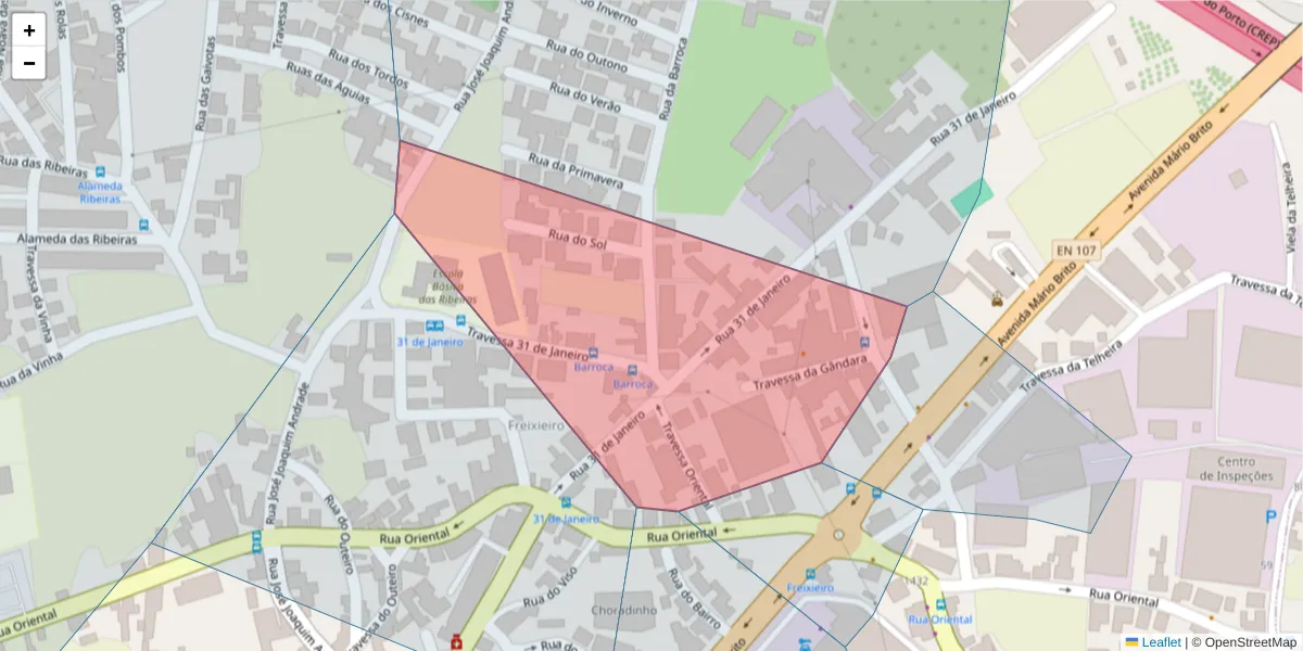 Mapa detalhado do código postal 4455-459 com limites, códigos postais vizinhos e agências dos correios