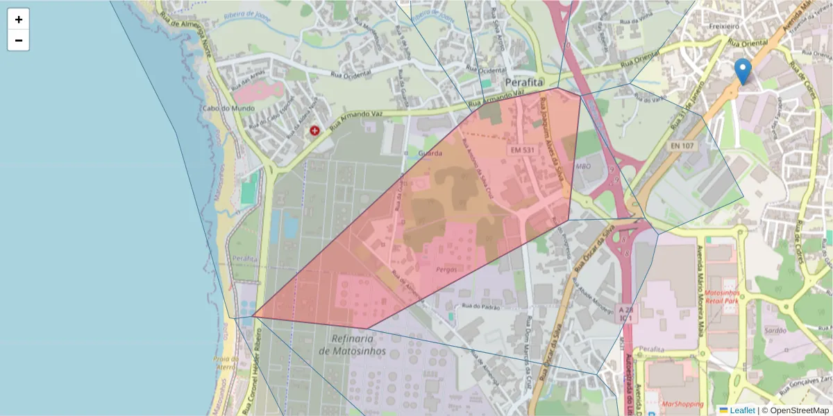 Mapa detalhado do código postal 4455-533 com limites, códigos postais vizinhos e agências dos correios